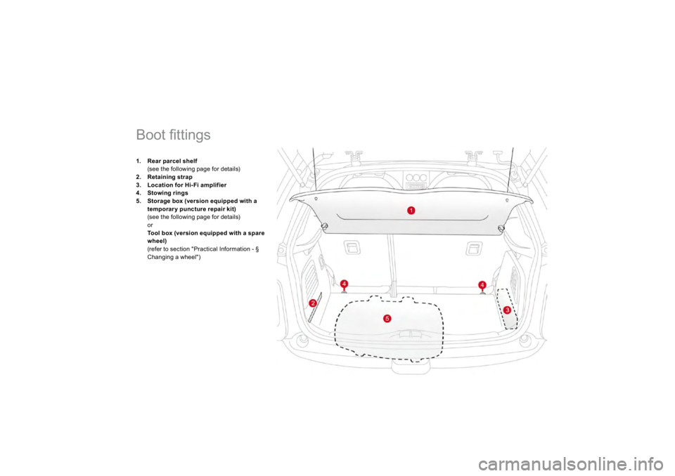 CITROEN DS3 2019  Owners Manual 1.Rear 
parcel 
shelf
(see the following page for details) 
2.
Retainin
g strap
3.
Location 
for Hi- Fi am
plifier
4.
Stowin
g rin
gs
5.
Stora
ge box 
(version equipped with a 
temporary puncture repa