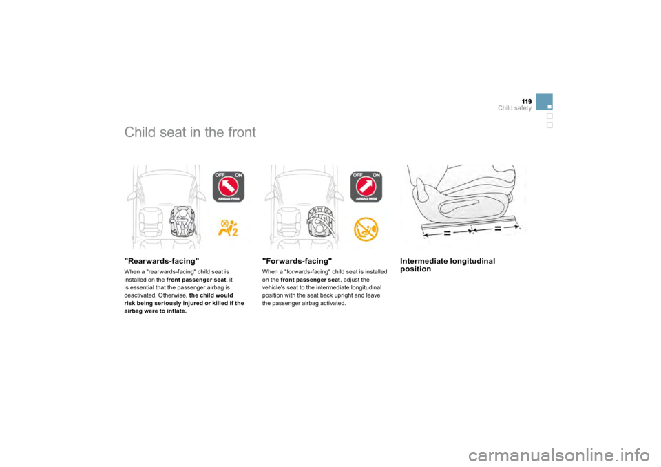 CITROEN DS3 2019  Owners Manual Child safety
 
Child seat in the front    
"Rearwards-facing" When a "rear wards-facing" child seat is installed on the  
front passen
ger sea
t , it
is essential that the passenger ai