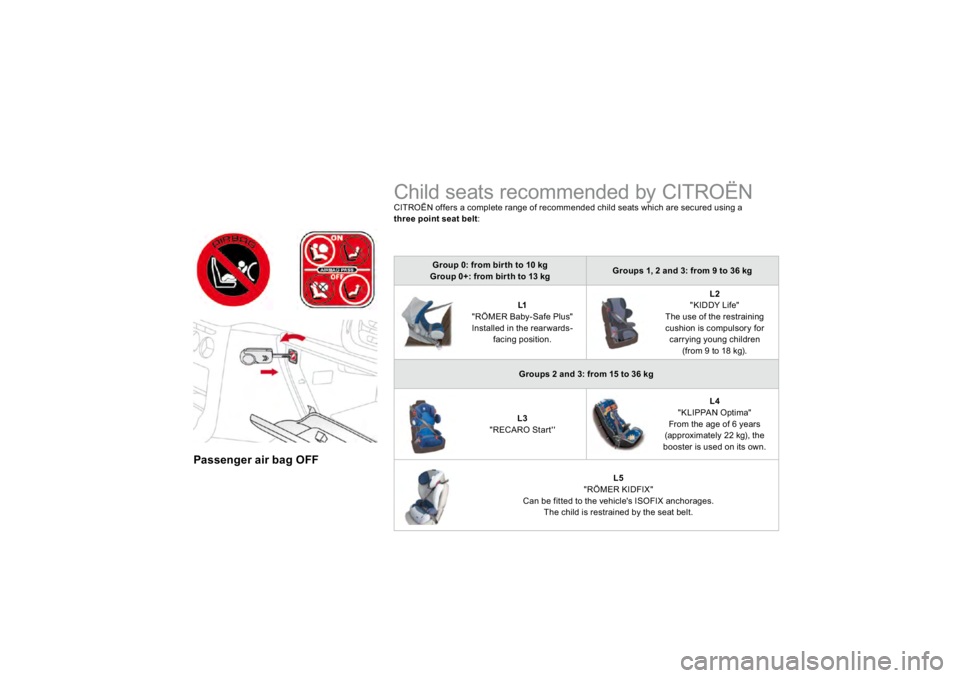 CITROEN DS3 2019  Owners Manual Passenger air bag OFF   
 Child seats recommended by CITROËN  
CITRO
ËN offers a complete range of recommended child seats which are secured using a 
y
three 
point seat belt : Group 0: from bir th 