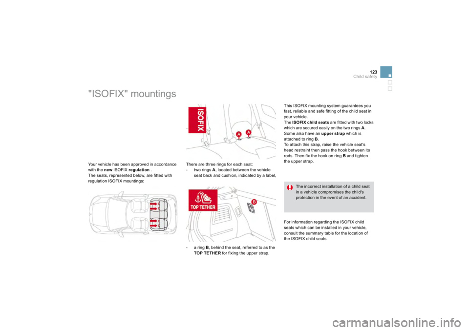 CITROEN DS3 2019  Owners Manual 123
Child safety
 Your ve
hicle has 
been a
pprove
d in accor
dance 
with the  ne
wISOFIX  
regulation   .
 The seats, represented below, are fitted with regulation ISOFIX mountings:               
&#