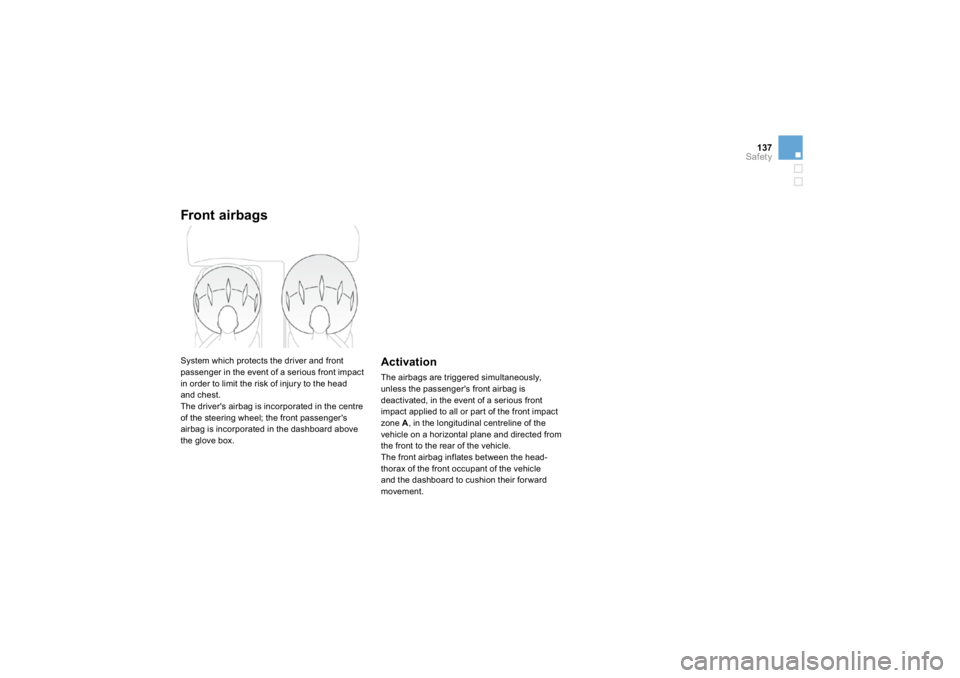 CITROEN DS3 2019  Owners Manual 137
Safety
Front airba
gs
 System which protects the driver and front
passen
ger in the event o
f a serious 
front impact 
in order to limit the risk o
f injury to the head 
an
d chest.
 
The driver
&