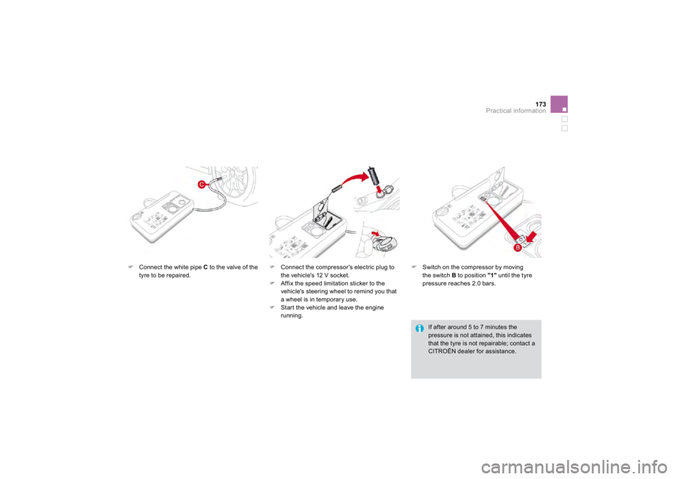 CITROEN DS3 2019  Owners Manual 173
Practical information
�)
Connect the white pipe 
C 
 to the valve of the 
tyre to be repaired. 
�)   Connect the compressor's electric plug to
the vehicle's 12 V soc
ket. 
�)   Affix the s