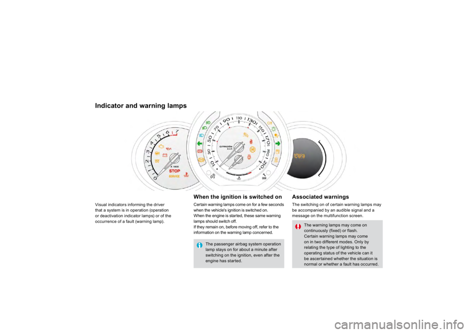 CITROEN DS3 2019 User Guide Visual indicators informing the driver that a system is in operation 
(operation 
or deactivation indicator lamps) or of the 
occurrence of a fault (warning lamp).
Indicator and warnin
g lamps 
  Wh
e