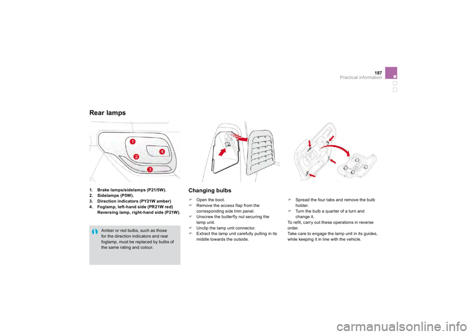 CITROEN DS3 2019  Owners Manual 187
Practical information
1.
Brake lamps/sidelamps (P21/5W).
2.
Sidelamps (P5W).
3.
Direction indicators (PY21W amber)
4.
Foglamp, le
ft-hand side 
(PR21W red
)
Reversing lamp
, right-hand side (P21W)