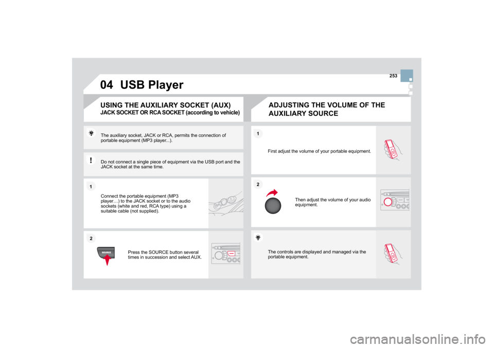 CITROEN DS3 2019  Owners Manual ��
1122
2211
���
�
�7�K�H��F�R�Q�W�U�R�O�V��D�U�H��G�L�V�S�O�D
�\�H�G��D�Q�G��P�D�Q�D
�J�H�G��Y�L�D��W�K�H�
porta
ble equ
ipment. 
First ad
just the volume of 
your portable equipment. 
