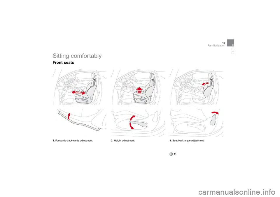 CITROEN DS3 2019  Owners Manual 13
Familiarisation
 
Sitting comfortably 
3.Seat back angle adjustment.
  7
1
  
Front seats1.  Forwards-backwards adjustment. 
2. Height adjustment.  