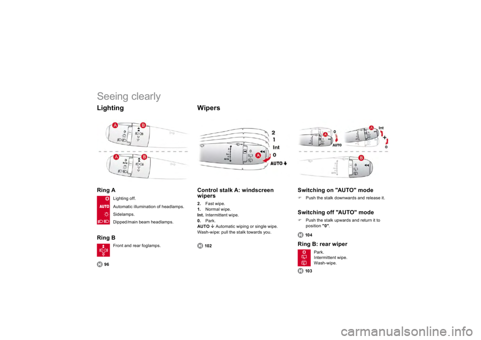 CITROEN DS3 2019  Owners Manual  
Seeing clearly LightingRing ARing B
  
Wipers 
96
  
Control stalk A: windscreenwipers 2.
 
Fast wipe.
1.
Norma
l wipe. 
In
t.Intermittent wipe. 
0.   Park. 
AUTO  �È  
Automatic wiping or single w