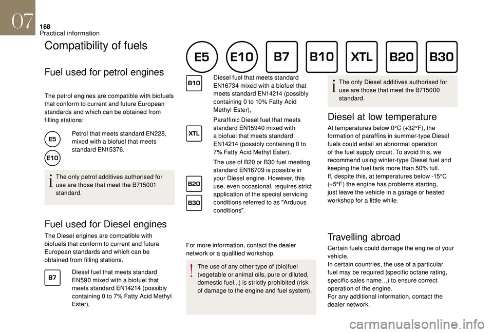 CITROEN DS4 2023  Owners Manual 168
Compatibility of fuels      
Fuel used for petrol engines
The petrol engines are compatible with biofuels 
that conform to current and future European 
standards and which can be obtained from 
fi