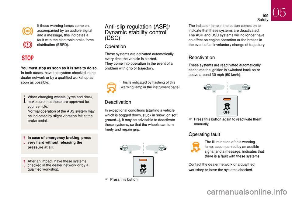 CITROEN DS4 2018 Service Manual 109
If these warning lamps come on,
accompanied by an audible signal
and a message, this indicates a
fault with the electronic brake force
distribution (EBFD).
When changing wheels (tyres and rims CITROEN DS4 2018 Service Manual 109
If these warning lamps come on,
accompanied by an audible signal
and a message, this indicates a
fault with the electronic brake force
distribution (EBFD).
When changing wheels (tyres and rims