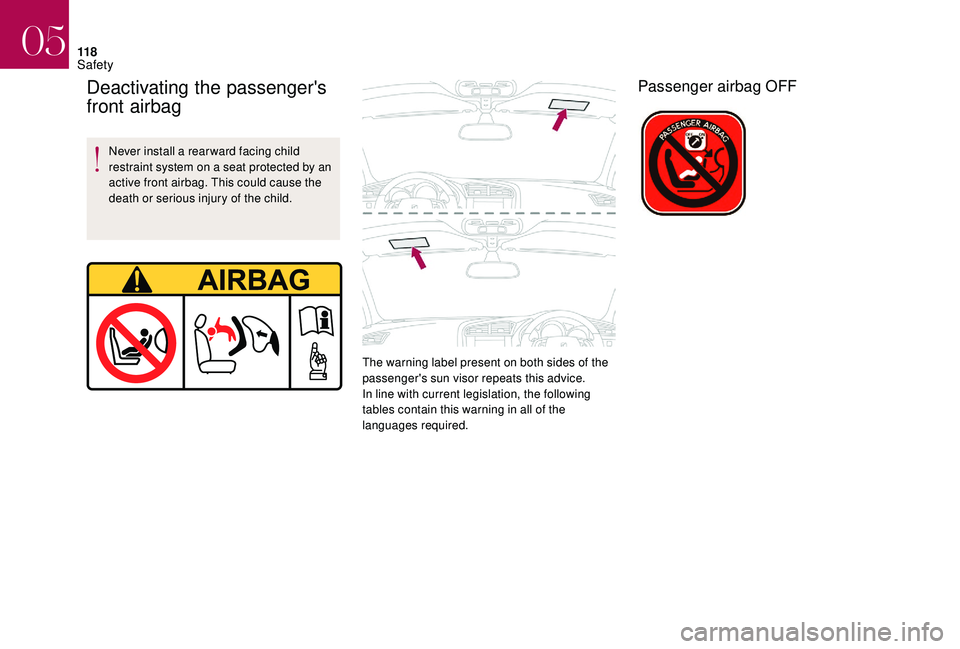 CITROEN DS4 2018 Owners Manual 11 8
Deactivating the passenger's
front airbag
Never install a rear ward facing child
restraint system on a seat protected by an
active front airbag. This could cause the
death or serious inju CITROEN DS4 2018 Owners Manual 11 8
Deactivating the passenger's
front airbag
Never install a rear ward facing child
restraint system on a seat protected by an
active front airbag. This could cause the
death or serious inju