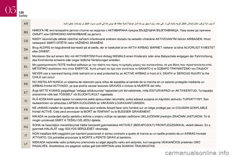 CITROEN DS4 2018  Owners Manual 120
AR
BG НИКОГА
	 НЕ 	 инсталирайте 	 детско 	 столче 	 на 	 седалка 	 с 	 АКТИВИРАНА 	 предна 	 ВЪЗДУШНА 	 ВЪЗГЛАВНИЦА. 	
