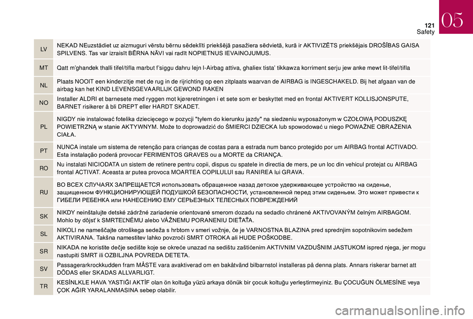 CITROEN DS4 2018  Owners Manual 121
LVNEK AD 	 NEuzstādiet 	 uz 	 aizmuguri 	 vērstu 	 bērnu 	 sēdeklīti 	 priekšējā 	 pasažiera 	 sēdvietā, 	 kurā 	 ir 	 AKTIVIZĒTS 	 priekšējais 	 DROŠĪBAS 	 GAISA 	S
PILVENS. 	 Ta