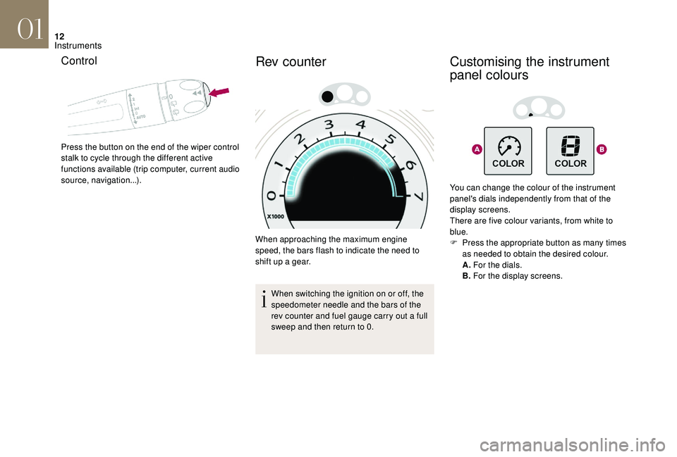 CITROEN DS4 2018  Owners Manual 12
Control
Press the button on the end of the wiper control 
stalk to cycle through the different active 
functions available (trip computer, current audio 
source, navigation...).
Rev counter
When ap