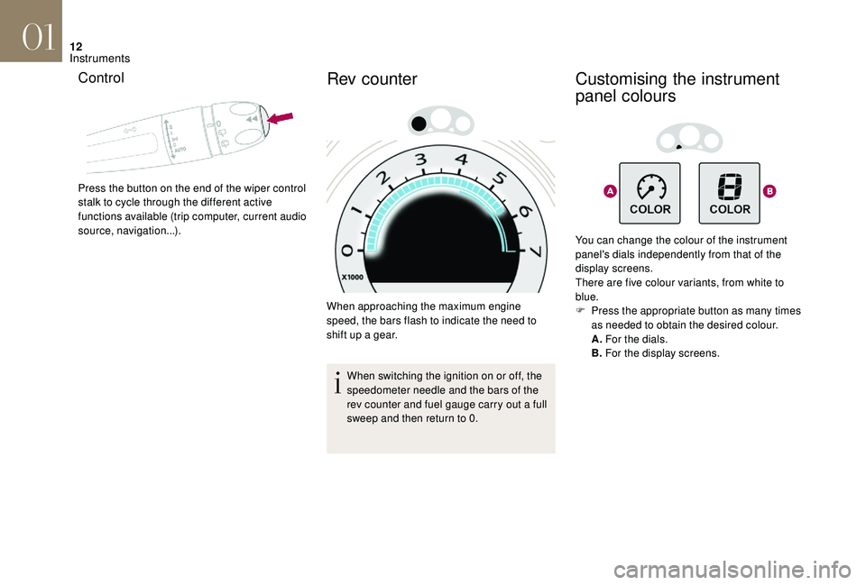 CITROEN DS4 2018 Owners Manual 12
Control
Press the button on the end of the wiper control
stalk to cycle through the different active
functions available (trip computer, current audio
source, navigation...).
Rev counter
When ap CITROEN DS4 2018 Owners Manual 12
Control
Press the button on the end of the wiper control
stalk to cycle through the different active
functions available (trip computer, current audio
source, navigation...).
Rev counter
When ap