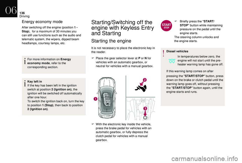 CITROEN DS4 2018 User Guide 136
For more information on Energy
economy mode, refer to the
corresponding section.
Key left in
If the key has been left in the ignition
switch at position 2 (Ignition on) , the
ignition will be CITROEN DS4 2018 User Guide 136
For more information on Energy
economy mode, refer to the
corresponding section.
Key left in
If the key has been left in the ignition
switch at position 2 (Ignition on) , the
ignition will be