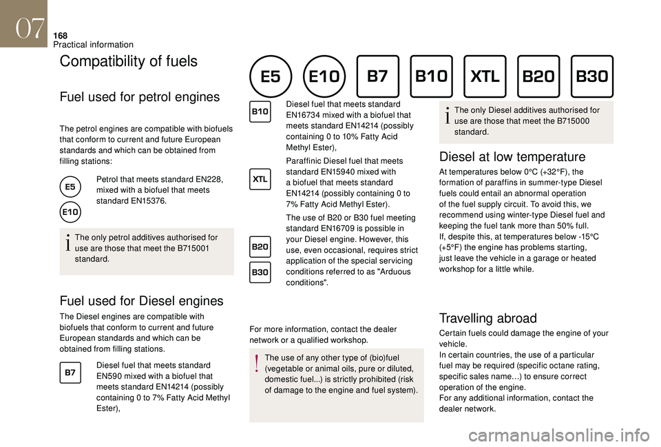 CITROEN DS4 2018 Owners Manual 168
Compatibility of fuels
Fuel used for petrol engines
The petrol engines are compatible with biofuels
that conform to current and future European
standards and which can be obtained from
fi CITROEN DS4 2018 Owners Manual 168
Compatibility of fuels
Fuel used for petrol engines
The petrol engines are compatible with biofuels
that conform to current and future European
standards and which can be obtained from
fi