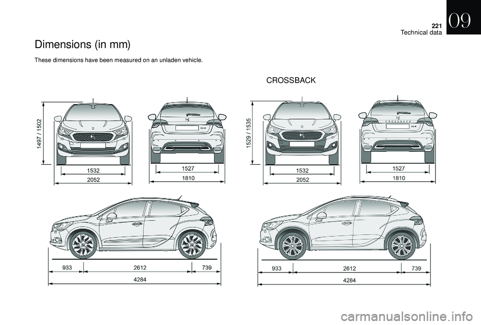 CITROEN DS4 2018  Owners Manual 221
Dimensions (in mm)
These dimensions have been measured on an unladen vehicle.
CROSSBACK
09 
Technical data  