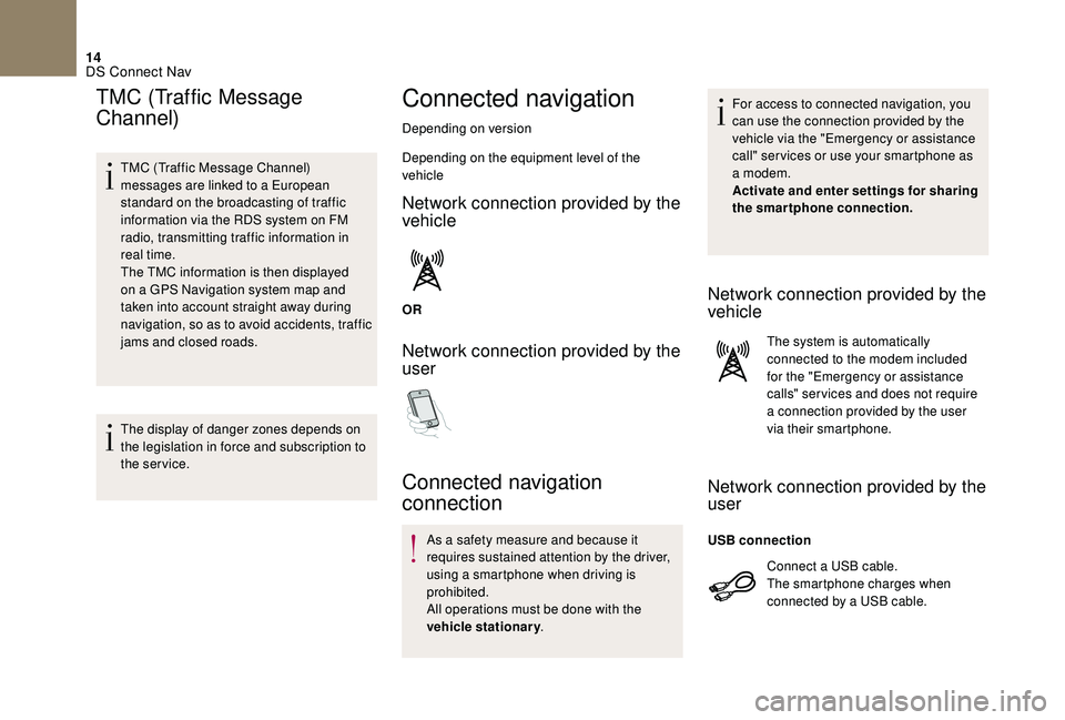 CITROEN DS4 2018  Owners Manual 14
TMC (Traffic Message 
Channel)
TMC (Traffic Message Channel) 
messages are linked to a European 
standard on the broadcasting of traffic 
information via the RDS system on FM 
radio, transmitting t