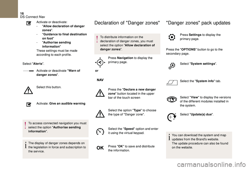 CITROEN DS4 2018  Owners Manual 16
Activate or deactivate:
-  "Allow declaration of danger 
zones ".
-
  "Guidance to final destination 
on foot "
-
  "Authorise sending 
information "
These settings must be 