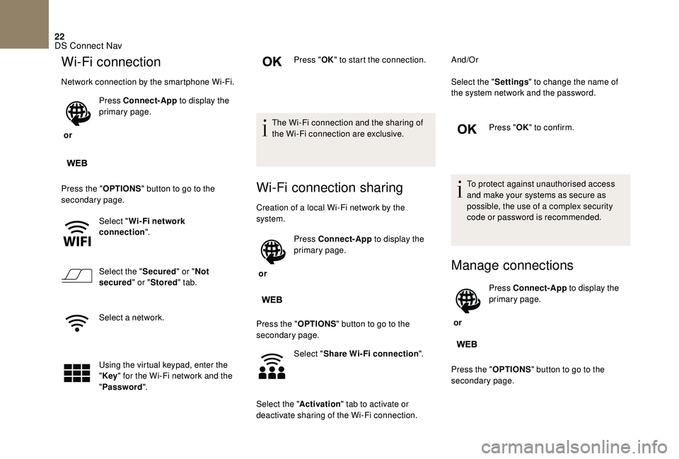 CITROEN DS4 2018  Owners Manual 22
Wi-Fi connection
Network connection by the smartphone Wi-Fi.
 or Press Connect-App
 to display the 
primary page.
Press the " OPTIONS" button to go to the 
secondary page.
Select "Wi- F