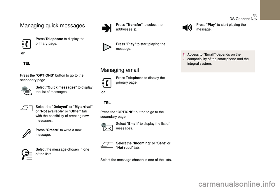CITROEN DS4 2018  Owners Manual 33
Managing quick messages
 or Press Telephone
 to display the 
primary page.
Press the " OPTIONS" button to go to the 
secondary page.
Select "Quick messages " to display 
the list of
