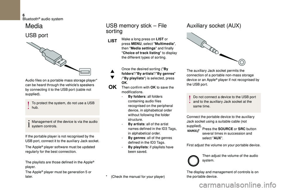 CITROEN DS4 2018 Owners Manual 6
Media
USB port
* (Check the manual for your player)
Audio files on a portable mass storage player*
can be heard through the vehicle's speakers
by connecting it to the USB port (cable not
supp CITROEN DS4 2018 Owners Manual 6
Media
USB port
* (Check the manual for your player)
Audio files on a portable mass storage player*
can be heard through the vehicle's speakers
by connecting it to the USB port (cable not
supp