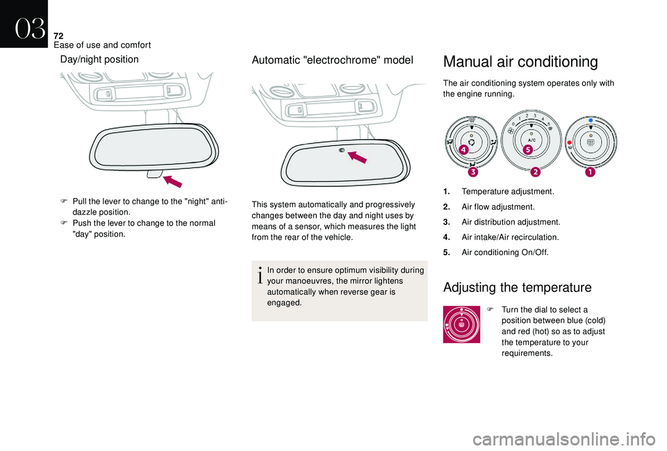 CITROEN DS4 2018 Owners Manual 72
Manual air conditioning
The air conditioning system operates only with
the engine running.
Day/night position
F Pull the lever to change to the "night" anti-dazzle position.
F
P
ush the CITROEN DS4 2018 Owners Manual 72
Manual air conditioning
The air conditioning system operates only with
the engine running.
Day/night position
F Pull the lever to change to the "night" anti-dazzle position.
F
P
ush the