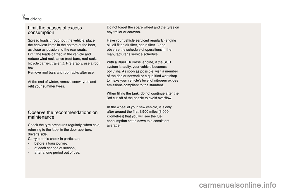 CITROEN DS4 2018  Owners Manual 8
Limit the causes of excess 
consumption
Spread loads throughout the vehicle; place 
the heaviest items in the bottom of the boot, 
as close as possible to the rear seats.
Limit the loads carried in 