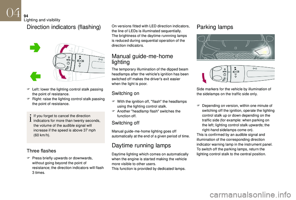 CITROEN DS4 2018 Owners Manual 94
F Left: lower the lighting control stalk passing the point of resistance.
F
R
ight: raise the lighting control stalk passing
the point of resistance.
If you forget to cancel the direction
indi CITROEN DS4 2018 Owners Manual 94
F Left: lower the lighting control stalk passing the point of resistance.
F
R
ight: raise the lighting control stalk passing
the point of resistance.
If you forget to cancel the direction
indi