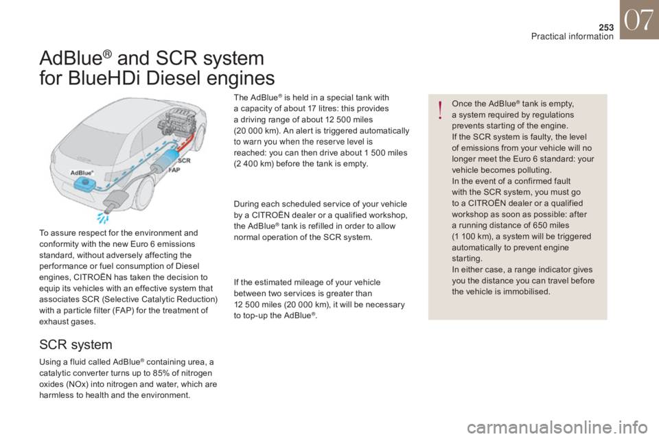CITROEN DS4 2010 Owners Manual 253
Once the AdBlue® tank is empty,
a s
ystem required by regulations
prevents starting of the engine.
If the SCR
system is faulty, the level
of emissions from your vehicle will no
longer meet CITROEN DS4 2010 Owners Manual 253
Once the AdBlue® tank is empty,
a s
ystem required by regulations
prevents starting of the engine.
If the SCR
system is faulty, the level
of emissions from your vehicle will no
longer meet
