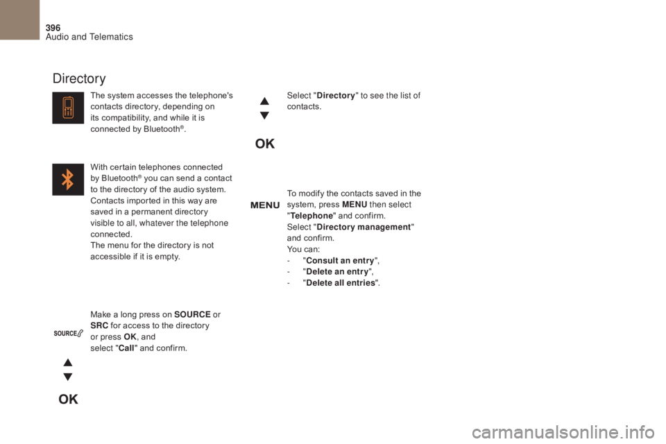 CITROEN DS4 2010 Owners Manual 396
To modify the contacts saved in the
system, press MENU then select
" Telephone " and confirm.
Select " Directory management "
and confirm.
You can:
-
"Consult an entr y CITROEN DS4 2010 Owners Manual 396
To modify the contacts saved in the
system, press MENU then select
" Telephone " and confirm.
Select " Directory management "
and confirm.
You can:
-
"Consult an entr y