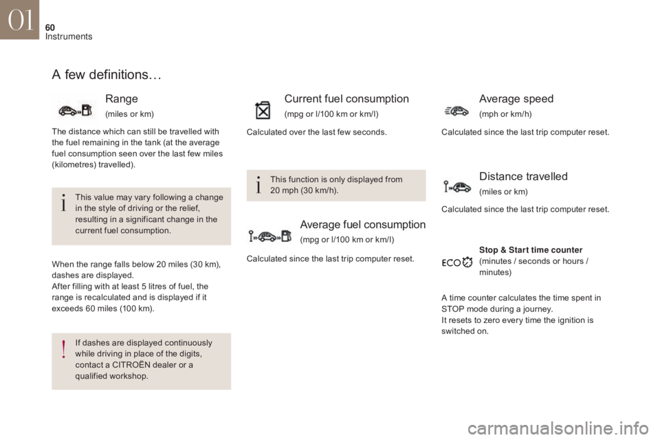 CITROEN DS4 2010  Owners Manual 60
A few definitions…
This value may vary following a change 
in the style of driving or the relief, 
resulting in a significant change in the 
current fuel consumption.
If dashes are displayed cont