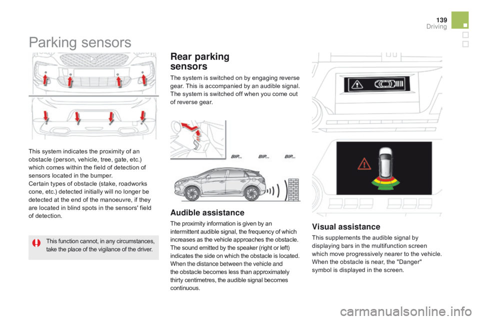 CITROEN DS5 2018  Owners Manual 139
DS5_en_Chap04_conduite_ed01-2015
This system indicates the proximity of an 
obstacle (person, vehicle, tree, gate, etc.) 
which comes within the field of detection of 
sensors located in the bumpe