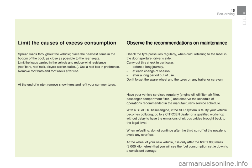 CITROEN DS5 2018 Owners Manual 15
DS5_en_Chap00c_eco-conduite_ed01-2015
Limit the causes of excess consumption
Spread loads throughout the vehicle; place the heaviest items in the
bottom of the boot, as close as possible to the re CITROEN DS5 2018 Owners Manual 15
DS5_en_Chap00c_eco-conduite_ed01-2015
Limit the causes of excess consumption
Spread loads throughout the vehicle; place the heaviest items in the
bottom of the boot, as close as possible to the re