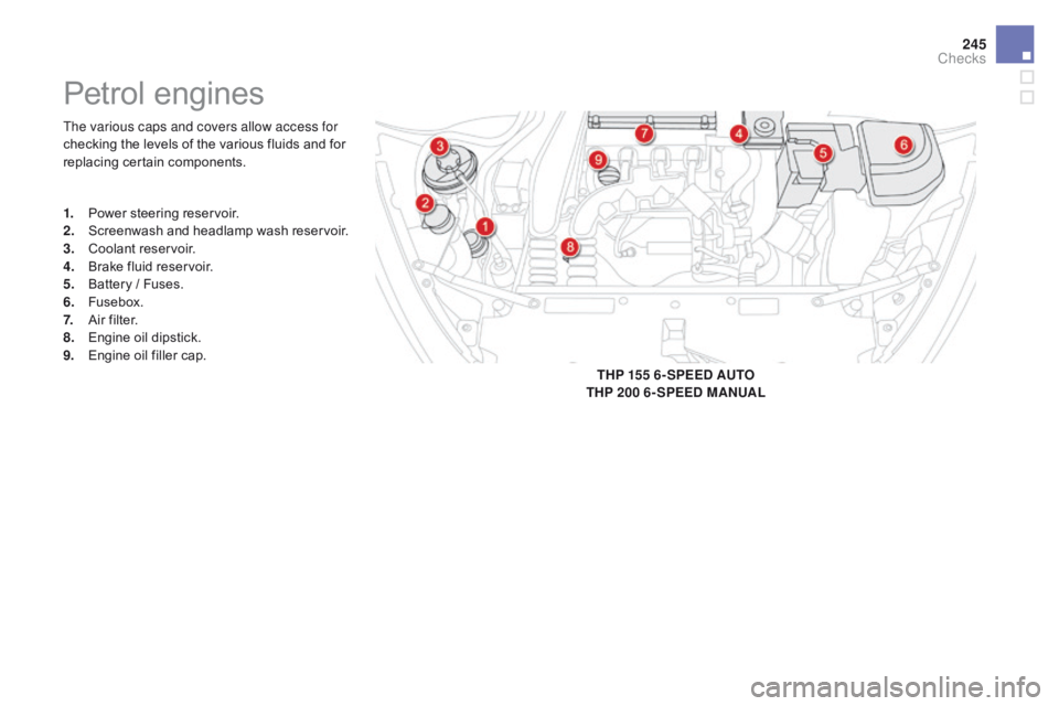 CITROEN DS5 2018  Owners Manual 245
DS5_en_Chap09_verifications_ed01-2015
The various caps and covers allow access for 
checking the levels of the various fluids and for 
replacing certain components.
Petrol engines
1. Power steerin