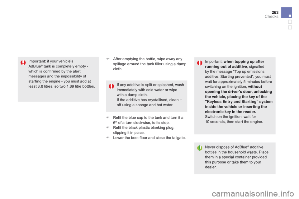 CITROEN DS5 2018  Owners Manual 263
DS5_en_Chap09_verifications_ed01-2015
F After emptying the bottle, wipe away any spillage around the tank filler using a damp 
cloth.
F
 
R
 efit the blue cap to the tank and turn it a 
6
th of a 
