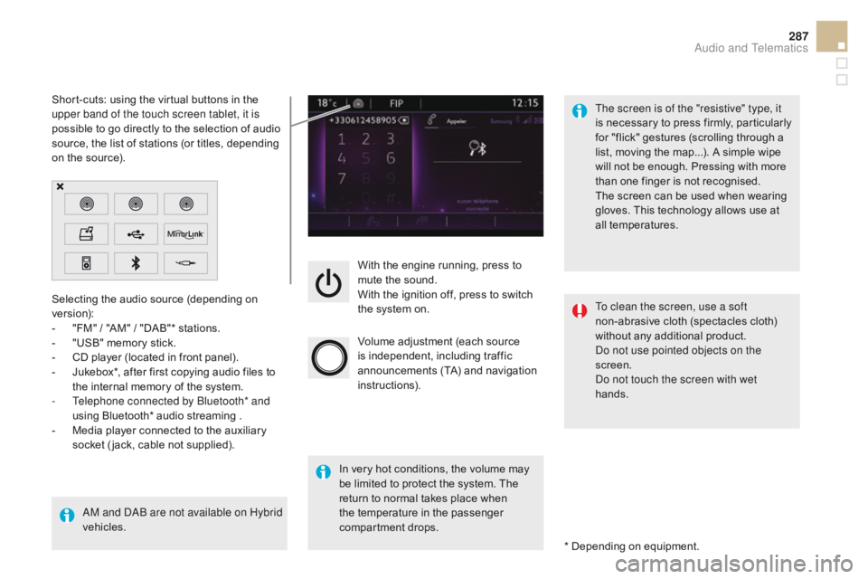 CITROEN DS5 2018  Owners Manual 287
DS5_en_Chap11c_SMEGplus_ed01-2015
With the engine running, press to 
mute the sound.
With the ignition off, press to switch 
the system on.
Volume adjustment (each source 
is independent, includin