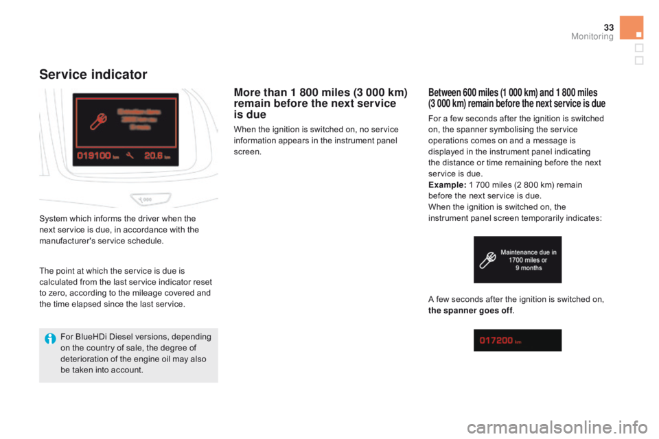 CITROEN DS5 2018 Owners Guide 33
DS5_en_Chap01_controle-de-marche_ed01-2015
Service indicator
More than 1 800 miles (3 000 km)
remain before the next service
is due
When the ignition is switched on, no service
information appe CITROEN DS5 2018 Owners Guide 33
DS5_en_Chap01_controle-de-marche_ed01-2015
Service indicator
More than 1 800 miles (3 000 km)
remain before the next service
is due
When the ignition is switched on, no service
information appe
