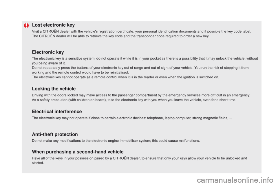 CITROEN DS5 2018 Owners Manual DS5_en_Chap02_ouvertures_ed01-2015
Lost electronic key
Visit a CITROËN dealer with the vehicle's registration certificate, your personal identification documents and if possible the key code labe CITROEN DS5 2018 Owners Manual DS5_en_Chap02_ouvertures_ed01-2015
Lost electronic key
Visit a CITROËN dealer with the vehicle's registration certificate, your personal identification documents and if possible the key code labe