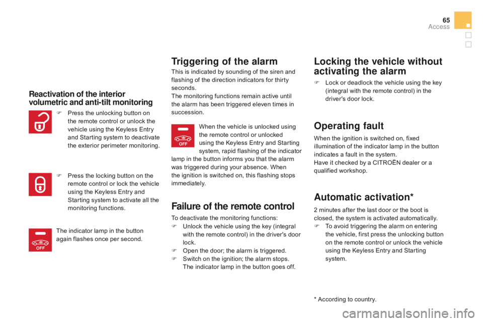 CITROEN DS5 2018 User Guide OFF
OFF
65
DS5_en_Chap02_ouvertures_ed01-2015
Reactivation of the interior
volumetric and anti-tilt monitoring
Triggering of the alarm
This is indicated by sounding of the siren and
flashing of the CITROEN DS5 2018 User Guide OFF
OFF
65
DS5_en_Chap02_ouvertures_ed01-2015
Reactivation of the interior
volumetric and anti-tilt monitoring
Triggering of the alarm
This is indicated by sounding of the siren and
flashing of the