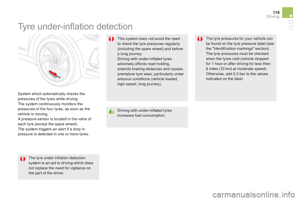 CITROEN DS5 2017 Owners Manual 11 9
DS5_en_Chap04_conduite_ed01-2015
Tyre under-inflation detection
System which automatically checks the
pressures of the tyres while driving.
The system continuously monitors the
pressures of the CITROEN DS5 2017 Owners Manual 11 9
DS5_en_Chap04_conduite_ed01-2015
Tyre under-inflation detection
System which automatically checks the
pressures of the tyres while driving.
The system continuously monitors the
pressures of the