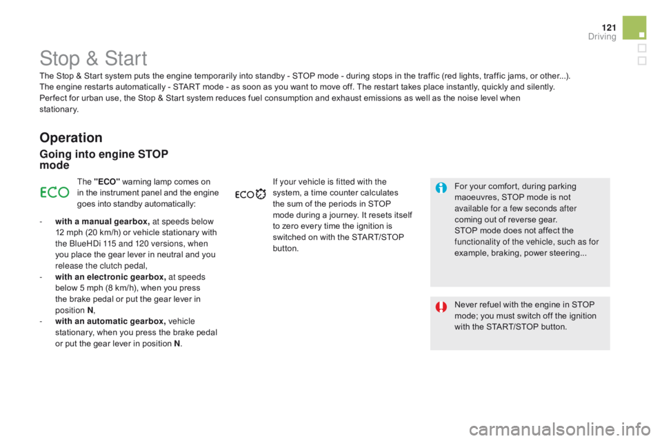 CITROEN DS5 2017  Owners Manual 121
DS5_en_Chap04_conduite_ed01-2015
Stop & Start
Operation
Going into engine STOP  
mode
The "E cO"  warning lamp comes on 
in the instrument panel and the engine 
goes into standby automatic