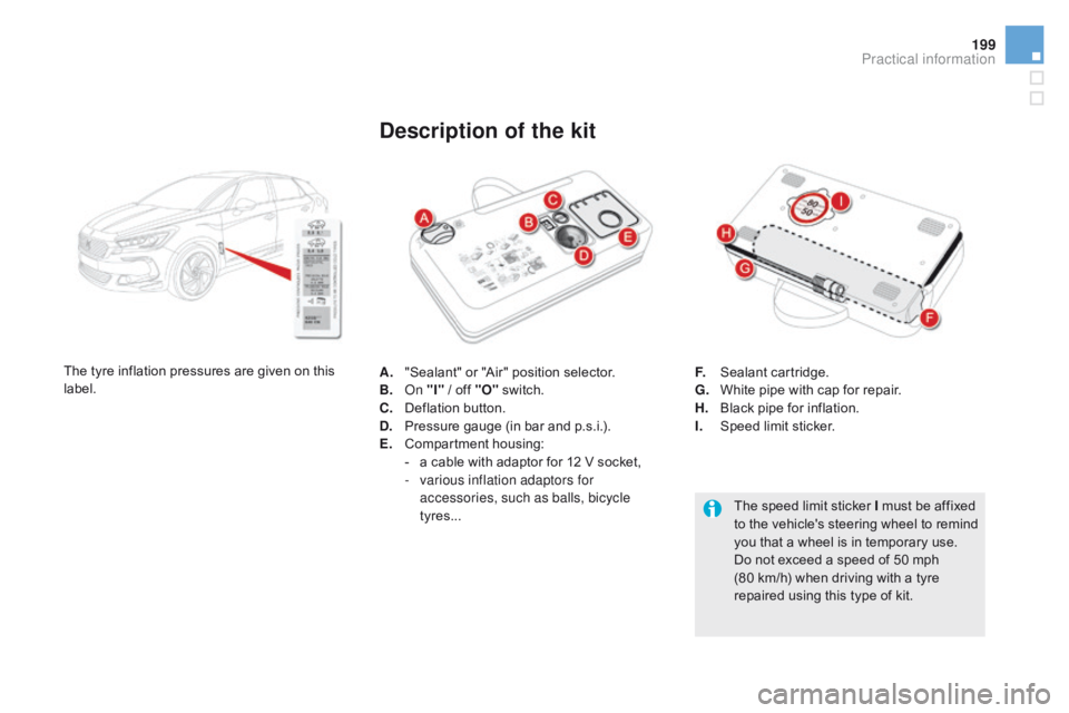 CITROEN DS5 2017 Owners Manual 199
DS5_en_Chap08_info-pratiques_ed01-2015
A. "Sealant" or "Air" position selector.
B. On "I" / off "O" switch.
c
.
D
eflation button.
d
.
P
ressure gauge (in ba CITROEN DS5 2017 Owners Manual 199
DS5_en_Chap08_info-pratiques_ed01-2015
A. "Sealant" or "Air" position selector.
B. On "I" / off "O" switch.
c
.
D
eflation button.
d
.
P
ressure gauge (in ba