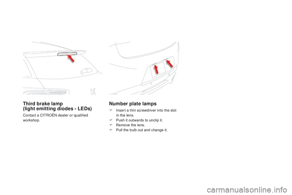 CITROEN DS5 2017 Owners Manual DS5_en_Chap08_info-pratiques_ed01-2015
Number plate lamps
F Insert a thin screwdriver into the slot in the lens.
F
P
ush it outwards to unclip it.
F
R
emove the lens.
F
P
ull the bulb out an CITROEN DS5 2017 Owners Manual DS5_en_Chap08_info-pratiques_ed01-2015
Number plate lamps
F Insert a thin screwdriver into the slot in the lens.
F
P
ush it outwards to unclip it.
F
R
emove the lens.
F
P
ull the bulb out an