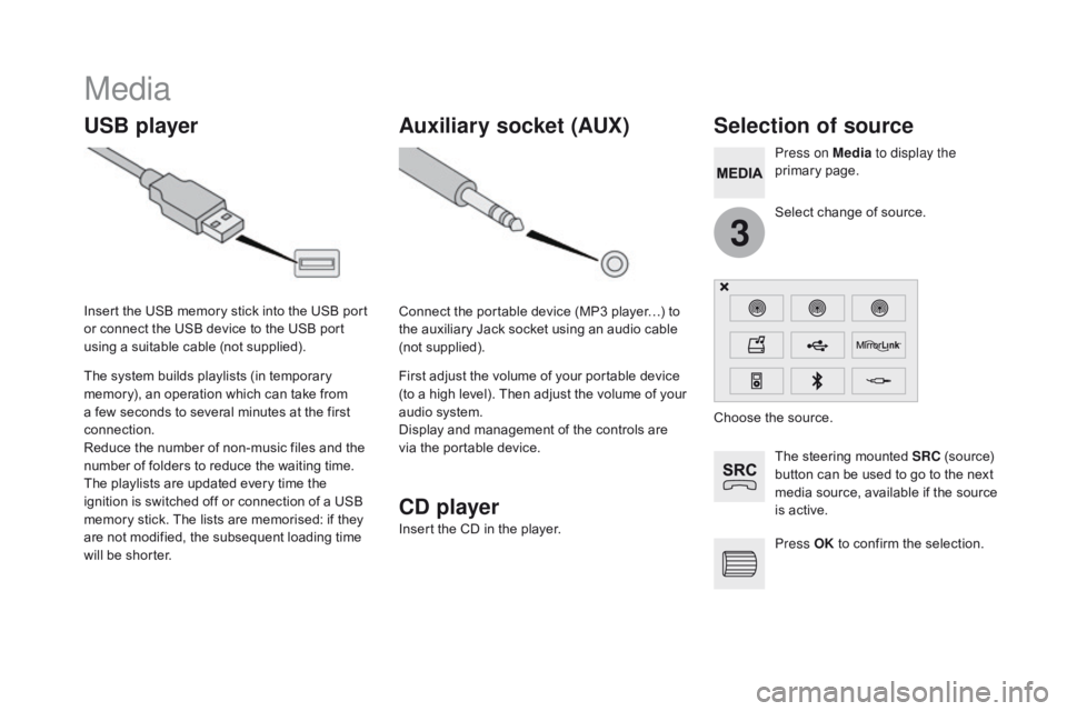 CITROEN DS5 2017 Owners Manual 3
DS5_en_Chap11c_SMEGplus_ed01-2015
Media
USB playerSelection of source
The steering mounted SRc (source)
button can be used to go to the next
media source, available if the source
is active.
Press CITROEN DS5 2017 Owners Manual 3
DS5_en_Chap11c_SMEGplus_ed01-2015
Media
USB playerSelection of source
The steering mounted SRc (source)
button can be used to go to the next
media source, available if the source
is active.
Press