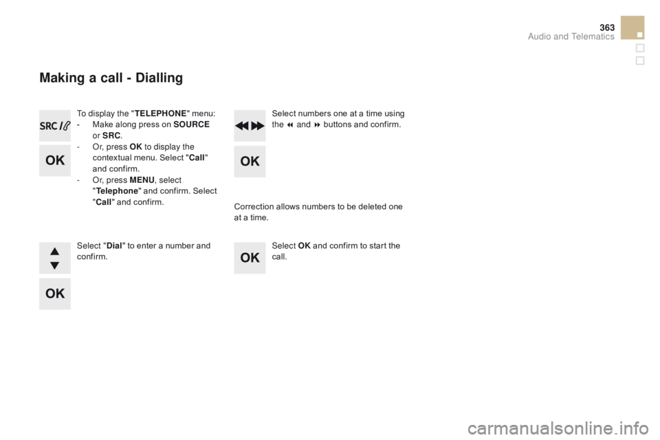 CITROEN DS5 2017 Owners Manual 363
DS5_en_Chap11d_RD5_ed01-2015
To display the "TELEPHONE" menu:
- M ake along press on SOUR cE
o
r SR c
.
-
O
r, press OK to display the
contextual menu. Select "
c
all"
an CITROEN DS5 2017 Owners Manual 363
DS5_en_Chap11d_RD5_ed01-2015
To display the "TELEPHONE" menu:
- M ake along press on SOUR cE
o
r SR c
.
-
O
r, press OK to display the
contextual menu. Select "
c
all"
an