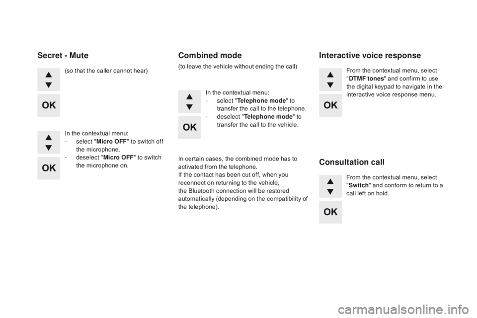 CITROEN DS5 2017 Owners Manual DS5_en_Chap11d_RD5_ed01-2015
(so that the caller cannot hear)
In the contextual menu:
-
s
elect " Micro OFF " to switch off
the microphone.
-
d
eselect " Micro OFF " to switch
t CITROEN DS5 2017 Owners Manual DS5_en_Chap11d_RD5_ed01-2015
(so that the caller cannot hear)
In the contextual menu:
-
s
elect " Micro OFF " to switch off
the microphone.
-
d
eselect " Micro OFF " to switch
t