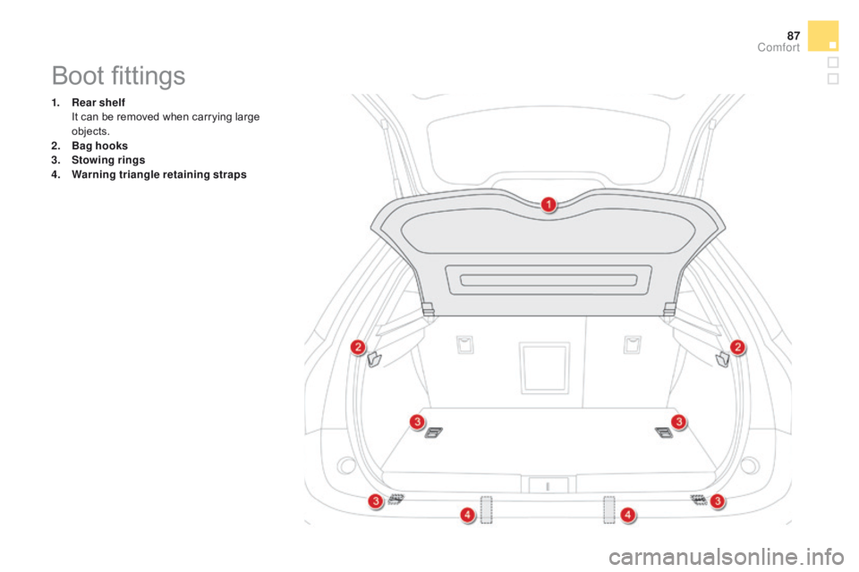 CITROEN DS5 2017 Manual Online 87
DS5_en_Chap03_confort_ed01-2015
Boot fittings
1. Rear shelf I
t can be removed when carrying large
objects.
2.
Bag
hooks
3.
S
towing rings
4.
W
arning triangle retaining straps
comfort CITROEN DS5 2017 Manual Online 87
DS5_en_Chap03_confort_ed01-2015
Boot fittings
1. Rear shelf I
t can be removed when carrying large
objects.
2.
Bag
hooks
3.
S
towing rings
4.
W
arning triangle retaining straps
comfort