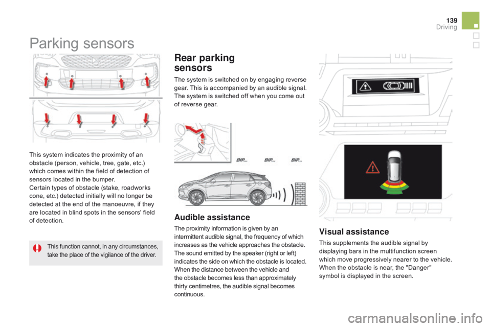 CITROEN DS5 2016 Owners Manual 139
DS5_en_Chap04_conduite_ed01-2015
This system indicates the proximity of an
obstacle (person, vehicle, tree, gate, etc.)
which comes within the field of detection of
sensors located in the bumpe CITROEN DS5 2016 Owners Manual 139
DS5_en_Chap04_conduite_ed01-2015
This system indicates the proximity of an
obstacle (person, vehicle, tree, gate, etc.)
which comes within the field of detection of
sensors located in the bumpe
