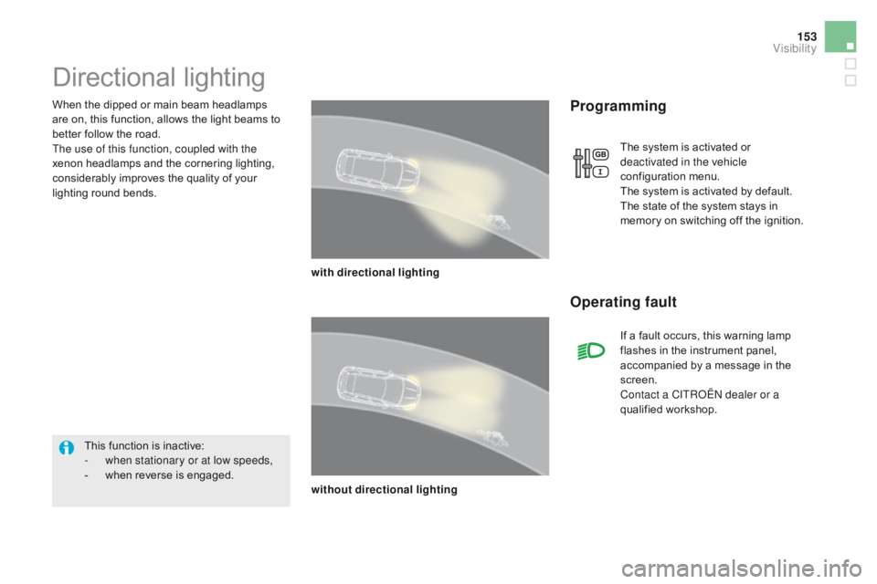 CITROEN DS5 2016 User Guide 153
DS5_en_Chap05_visibilite_ed01-2015
When the dipped or main beam headlamps
are on, this function, allows the light beams to
better follow the road.
The use of this function, coupled with the
xen CITROEN DS5 2016 User Guide 153
DS5_en_Chap05_visibilite_ed01-2015
When the dipped or main beam headlamps
are on, this function, allows the light beams to
better follow the road.
The use of this function, coupled with the
xen